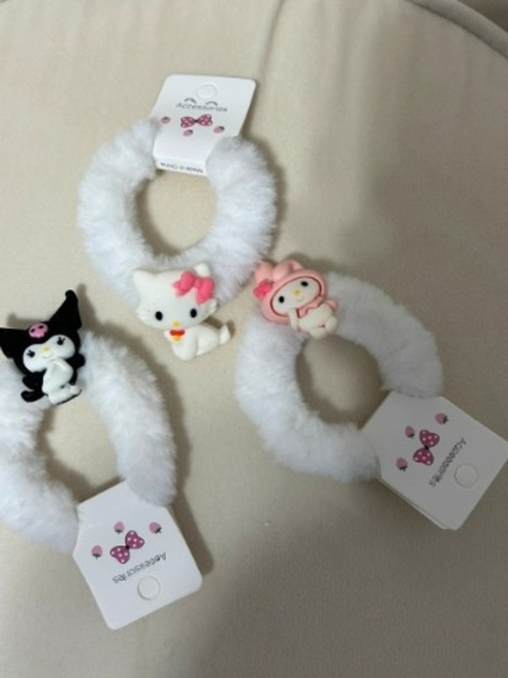 Sanrio White Plush Hair Ties with Hello Kitty, My Melody & Kuromi Charms